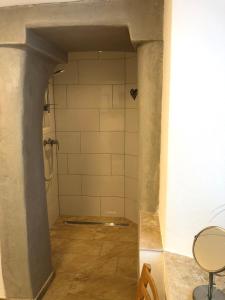 a bathroom with a shower with a tile floor at Ferienwohnung 3 Rinser in Vogtareuth +5 photos