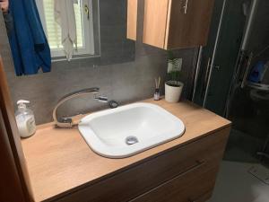 a bathroom counter with a white sink on it at Attico con terrazzo. in Parma