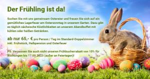 Ein Flyer für eine Ostereiersuche mit einem Kaninchen im Korb in der Unterkunft Pension Lachmann in Pfaffendorf