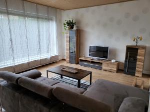 a living room with a couch and a tv at Ferienhaus Heidekate in Munster im Heidekreis