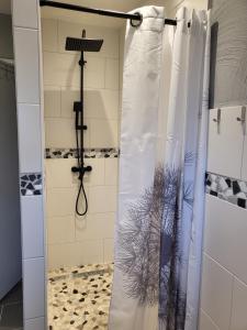 a shower with a shower curtain in a bathroom at Ferienhaus Heidekate in Munster