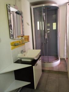 a bathroom with a sink and a shower at Sous les mimosas in Saint-Jean-de-Monts