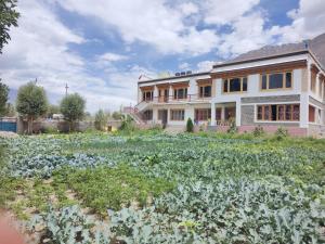 a large house with a field of crops in front of it at Skayil House in Nubra