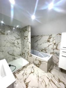 a white marble bathroom with a sink and a tub at Maison de standing centre ville historique in Villeneuve-sur-Yonne