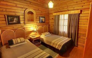 a bedroom with two beds in a log cabin at Lisbon Eco Lodge in Graskop