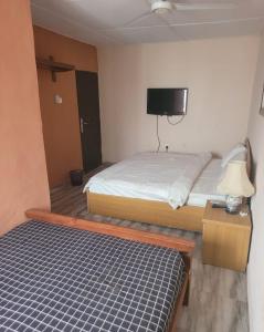 a bedroom with a bed and a tv on the wall at Eko Akete Guest House in Abeokuta