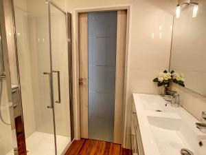 uma casa de banho com uma cabina de duche em vidro e um lavatório. em Grand studio cabine à côté des plages NER634 em Cannes