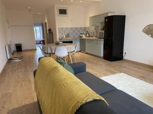 ein Wohnzimmer mit einem Sofa und einer Küche in der Unterkunft Appartement confortable proche des commodités in Moncel-lès-Lunéville