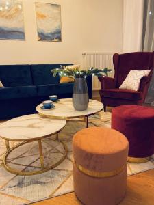 salon z dwoma stołami i kanapą w obiekcie Apartament Pełen Słońca - Pinea Pobierowo w Pobierowie