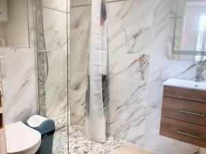 a bathroom with a shower with a toilet and a sink at Studio de Luxe Meublé ,Clim et Parking Options, lave-linge in Bagneux