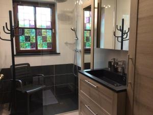 a bathroom with a sink and a shower at La colline aux hirondelles in La Roche-en-Ardenne +36 photos