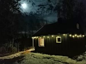 a house with lights on the side of it at night at Self Check-in Sauna Cabin next to Hiking Trails in Kärde