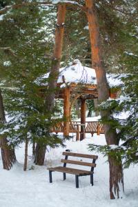 un banc dans la neige à côté d'un pont en bois dans l'établissement Mountain Resort Gantiadi, à Bordjomi