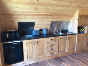 a kitchen with a stove and a sink in a cabin at Manor Farm Stay in Sutton on Sea