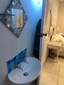 een badkamer met een wastafel en een spiegel bij Blue Cottage on Berea in Durban