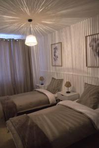 1 Schlafzimmer mit 2 Betten und einem Kronleuchter in der Unterkunft Gite de Tréguilly in Pontchâteau