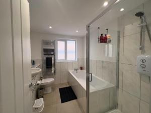 La salle de bains est pourvue d'une douche, d'un lavabo et de toilettes. dans l'établissement The Dragon Pad Boutique Apartment, à Royal Tunbridge Wells