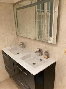 uma casa de banho com um lavatório branco e um espelho. em Chez Bernard pavillon proche Disneyland et Paris em Coulommiers