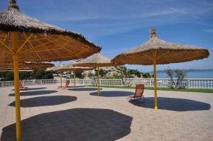 a group of straw umbrellas and a chair under them at Premium mobile home FJAKA - Oaza Mira Camping Croatia in Drage