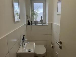 a bathroom with a toilet and a sink and a window at Kelsbachhaus OG in Pförring