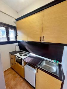 a small kitchen with a stove and a sink at Guesthouse Alexandros in Pýli