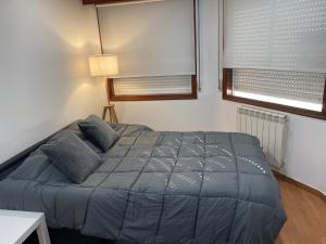 a bedroom with a bed with blue sheets and two windows at SANTA MARTA PLAYA BAIONA in Baiona