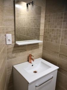 łazienka z białą umywalką i lustrem w obiekcie Villa Stef w mieście Lunel-Viel +23 zdjęcia