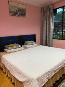 twee bedden in een kamer met roze muren en een raam bij Muna’s Homestay in Kota Belud