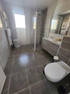 a bathroom with a toilet and a shower and a sink at CHEZ CED - Gujan-Mestras / Bassin d'Arcachon in Gujan-Mestras