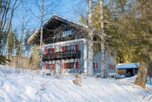 une maison dans la neige dans les bois dans l'établissement RACHEL BASECAMP, à Spiegelau