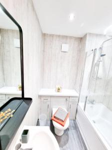 a bathroom with a toilet and a shower and a sink at Stunning Flat Close to Beach in Swansea