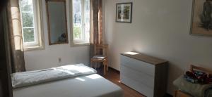 a bedroom with a bed and a dresser and two windows at Villa Stanga in Sedico