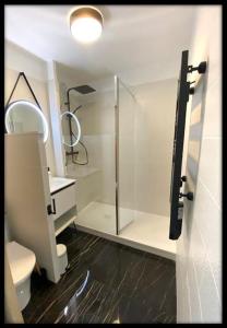 a bathroom with a glass shower and a toilet at Le p'tit Beauce au Cœur de Chartres in Chartres