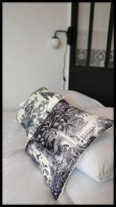 a black and white pillow sitting on top of a bed at Le p'tit Beauce au Cœur de Chartres in Chartres