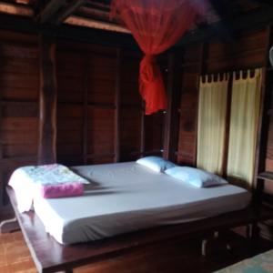 Bett in einem Zimmer mit einem roten Vorhang in der Unterkunft Quiet Garden View Lodge&Trekking in Banlung
