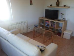 een woonkamer met een witte bank en een televisie bij VuT Los Telares Muralla in Avila