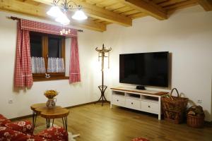 a living room with a flat screen tv on a wall at Chalupa Luční Kvítí in Petrovice u Susice
