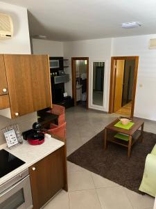 a kitchen and a living room with a table at Apartments Radulovic in Kotor