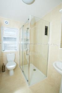 a bathroom with a shower and a toilet and a sink at Letham Feus Lodge and Caravan Park in Fife