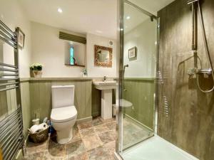 a bathroom with a shower and a toilet and a sink at Stunning barn minutes from the Lake District in Penrith