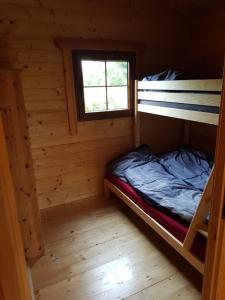 a bedroom with a bunk bed in a log cabin at Domek letniskowy Zacisze pod Sosnami Trzęsacz in Trzęsacz