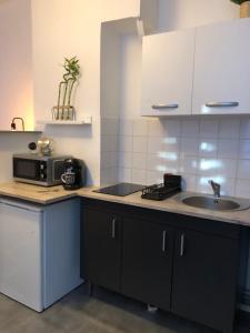 a kitchen with a sink and a microwave at Studio proche centre-ville 2 in Reims