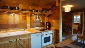 a kitchen with a sink and a stove top oven at Hütte mit Herz im Harz in Meisdorf