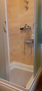 eine Dusche mit Glastür im Bad in der Unterkunft Apartman Vigo,Fužine in Fužine
