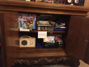 a book shelf with a radio in a cabinet at Ferienhaus Häxenäscht mit Sauna, Hotpot und Schopf mit gemütlichem Stübli und Pizzaofen 