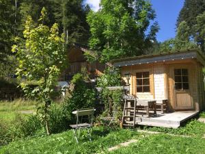 a small cabin in the middle of a yard at Ferienhaus Häxenäscht mit Sauna, Hotpot und Schopf mit gemütlichem Stübli und Pizzaofen 