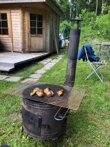 a grill with chickens cooking on it in a yard at Ferienhaus Häxenäscht mit Sauna, Hotpot und Schopf mit gemütlichem Stübli und Pizzaofen 