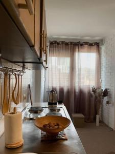 uma cozinha com fogão e uma tigela no balcão em City Center - TERRA Apartment em Pristina