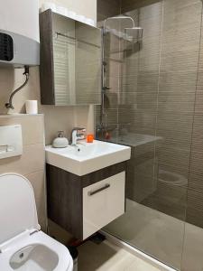 uma casa de banho com um WC, um lavatório e um chuveiro em City Center - TERRA Apartment em Pristina