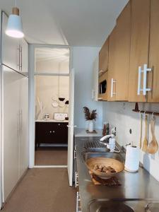 uma cozinha com um balcão com um lavatório e um corredor em City Center - TERRA Apartment em Pristina